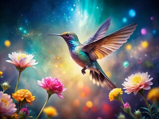 Naklejka premium Surreal Hummingbird Flight: Dreamlike Wings in Vibrant Bloom