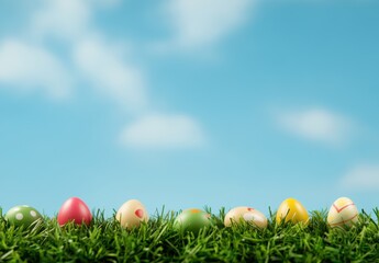 Colorful Easter eggs arranged on green grass under a bright blue sky with fluffy clouds, creating a festive atmosphere for spring celebrations