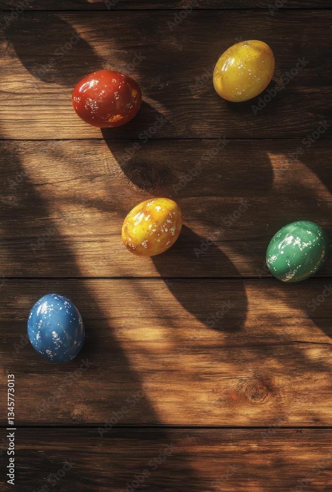 Poster colorful easter eggs arranged on rustic wooden surface with soft shadows and natural light creating 