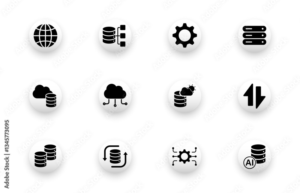 Poster solid vector icon set with data technology icons, database, cloud computing, server, internet.