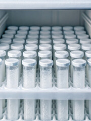 Rows of Test Tubes with Clear Liquid Stored in a Medical Freezer Unit