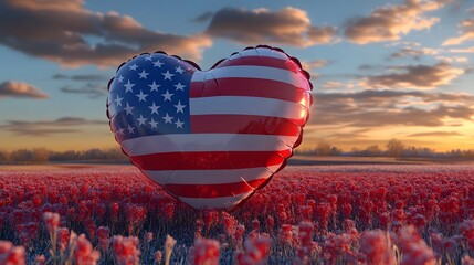 Heart-Shaped Balloon With American Flag Design Against Sunset Sky