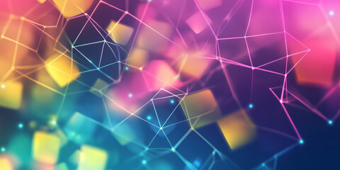 Obraz premium A futuristic, colorful abstract background with geometric, neon holographic shapes. The crisp, glowing triangles and hexagons in bright cyan, hot pink, and radiant yellow create a high-tech, sci-fi,