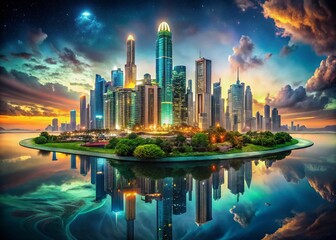 Fototapeta premium Surreal Panama Cityscape: Vibrant Dreamscape of Skyscrapers and Canals