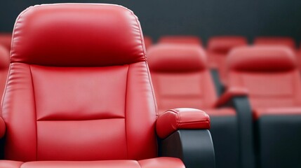 Close-up of red leather recliner in empty movie theater