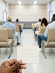 Hand Holding Blank Card in Waiting Room with People Seated in the Background