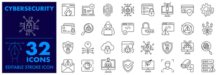 Cyber security icon. Data protection, Fingerprint, Secured network, Data Protection, Hacker, Password, Firewall, Spam, Antivirus, Virus Threat, Safe Payment, Technology concept. Editable Stroke Icon