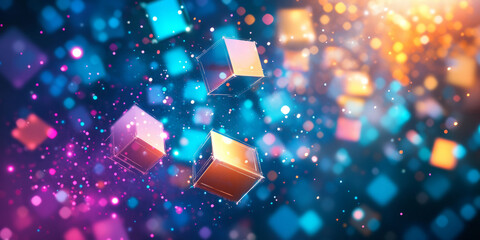 A futuristic, colorful abstract background featuring floating digital cubes. The levitating, translucent shapes in bright cyan, neon pink, and shimmering orange create a sci-fi, high-tech, and