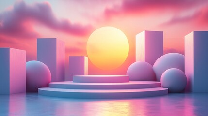 A futuristic scene with a multi-layered circular platform in the center surrounded by geometric objects