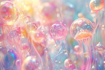 A whimsical underwater scene filled with vibrant, translucent bubbles and glowing jellyfish-like creatures.  Delicate, glowing tendrils connect the luminous orbs, creating a dreamy, ethereal ambiance.