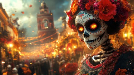 Calavera in Festive Town - Dia de Muertos Celebration, selective focus