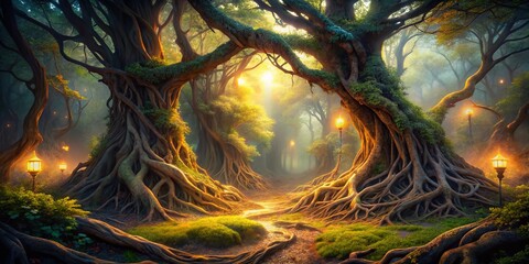 Naklejka premium Surreal Twisted Tree Roots, Fantasy Forest, Magical Nature Photography