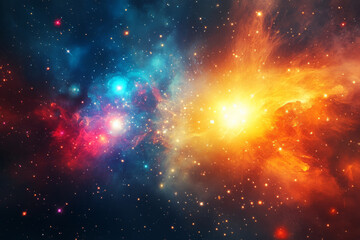 Naklejka premium A bold, colorful abstract background featuring cosmic supernova bursts. The radiant explosions of deep crimson, glowing gold, and electric blue create a high-energy, space-inspired, and visually