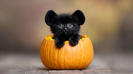 Black Kitten In Halloween Pumpkin