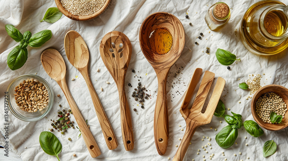 Poster a top-down view of a set of hand-carved wooden spoons and spatulas, elegantly displayed on a linen c