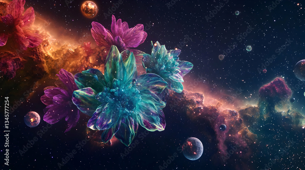 Poster abstract cosmic flowers in nebula background with sparkling elements and colorful spheres