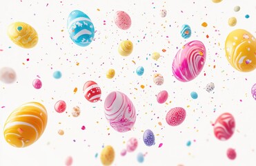 Colorful Easter Eggs Float in Air with Sprinkles, Ideal for Spring Celebrations and Holiday Decorations in Vibrant and Cheerful Scene