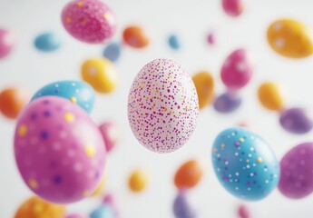 Colorful Easter Eggs Floating in Air with Abstract Background Featuring Vibrant Colors and Decorative Patterns for Spring Celebrations
