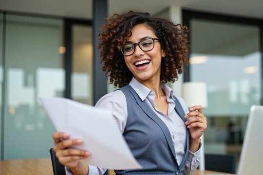 Confident African American Woman with Curly Hair in Glasses Reviewing Documents at a Modern Office Desk with a Laptop and Coffee Cup – Professional Lifestyle