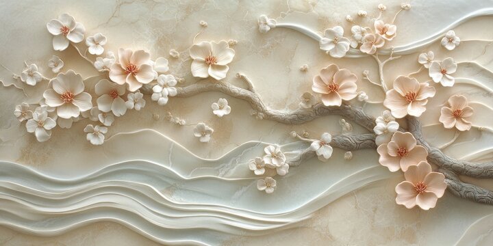 Blooming sakura branches forming a floral bas relief on marble wall