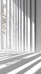 A vertical row of white striped walls, sunlight through the gap sprinkled on the smooth ground, forming a light and dark shadow effect