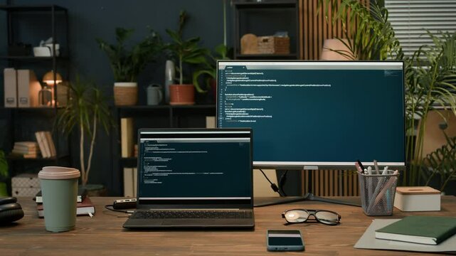 Medium shot of coding screens on computer and wireless laptop at desk with smartphone and coffee cup in modern no people startup office