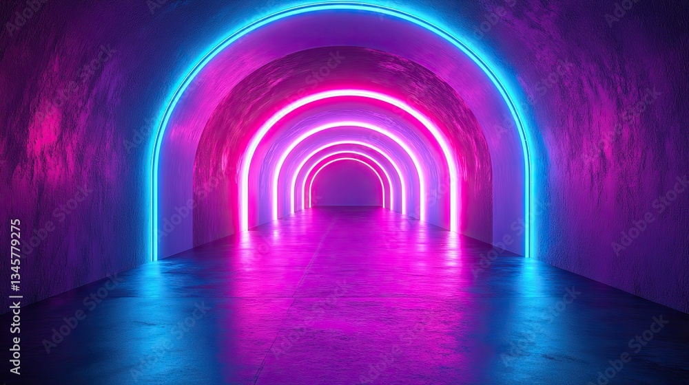 Poster a 3d rendering of an abstract virtual space tunnel with neon lights creates a captivating tech-inspi