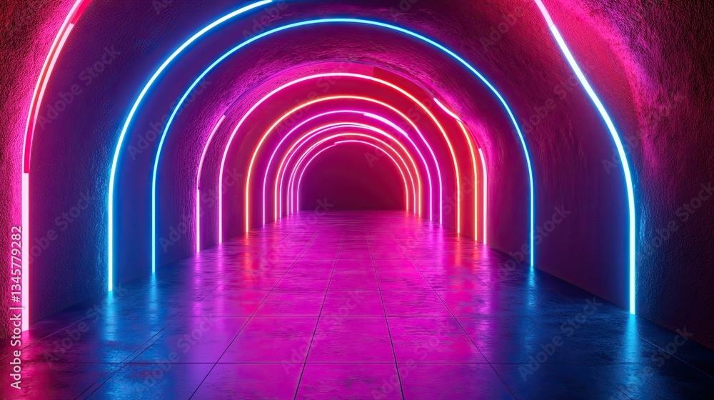 Poster a 3d rendering of an abstract virtual space tunnel with neon lights creates a captivating tech-inspi