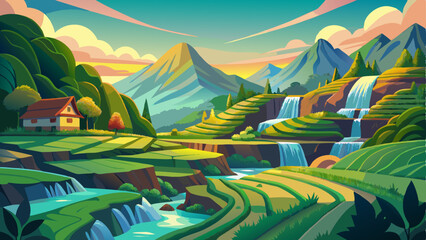 vector of peaceful mountain landscape where emerald rice fields blend harmoniously with cascading waterfalls
