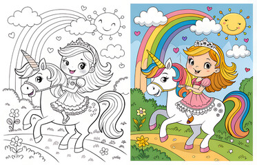 Cute Little Mermaid Coloring Page with Sea Horse