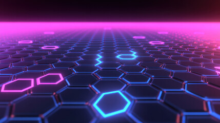 Fototapeta premium Abstract background of futuristic hexagonal grid with glowing blue and pink elements