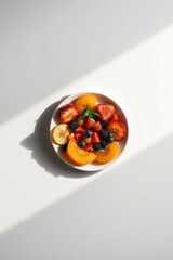 Colorful fruit arrangement on a white plate placed in natural light