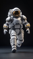 An astronaut, dressed in a white spacesuit with a gold visor on his helmet, is running forward