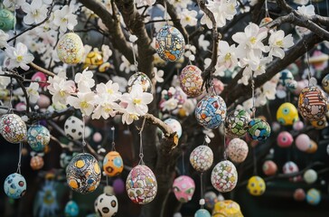 Colorful Easter Eggs Hanging on a Blossom Tree, Festive Decor for Spring Celebrations with Artistic Patterns and Delicate White Flowers
