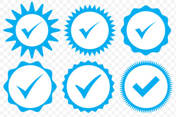 Blue Verified tick badge icon set isolated on transparent background. Social media official account tick symbol collection. Blue Abstract Modern Verification signs design vector. EPS 10.