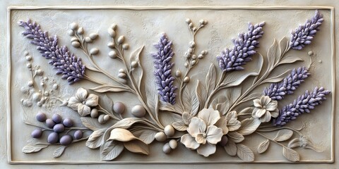 Decorative floral bas relief panel featuring lavender and flowers