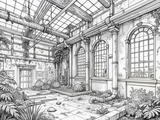 Urban Exploration Coloring Pages: Intricate Abandoned Building Line Art for Adults