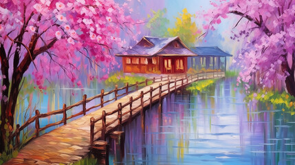 Spring blossoms and serene waters create a tranquil landscape with a rustic bridge and cottage