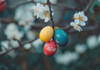 Fototapeta premium Colorful Easter Eggs Hanging on a Branch Surrounded by Delicate White Flowers in a Soft Focus Background, Celebrating Springfestivities and Traditions