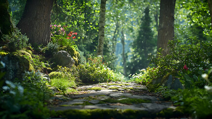 Obraz premium Stone Pathway Through Lush Green Forest Illuminated By Bright Sunlight Creates Serene Outdoor Landscape