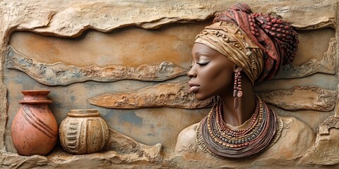 Serene african woman embodied in clay art with traditional pottery