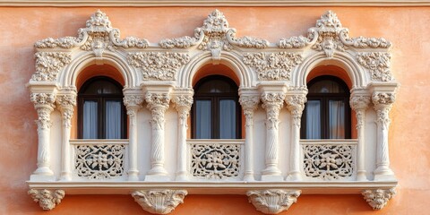 Fototapeta premium Elegant balcony with floral ornaments and columns enhancing a building's facade