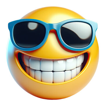3D-Smiley mit blauer Sonnenbrille und strahlendem L&auml;cheln auf transparentem Hintergrund.