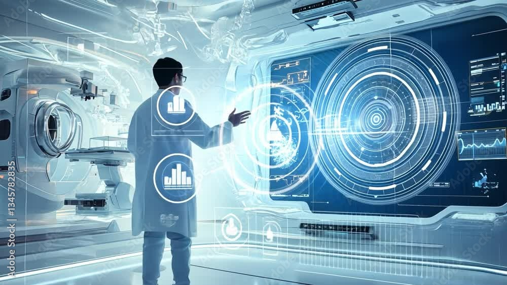 Poster visionary in the lab: a scientist presents a holographic display within a state-of-the-art research 