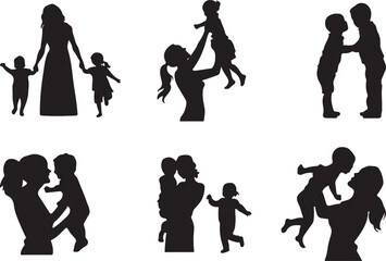 Set of Mother and Daughter Silhouette Vectors, Mother and toddler silhouette vector set – Mother's Day Special silhouette vector set