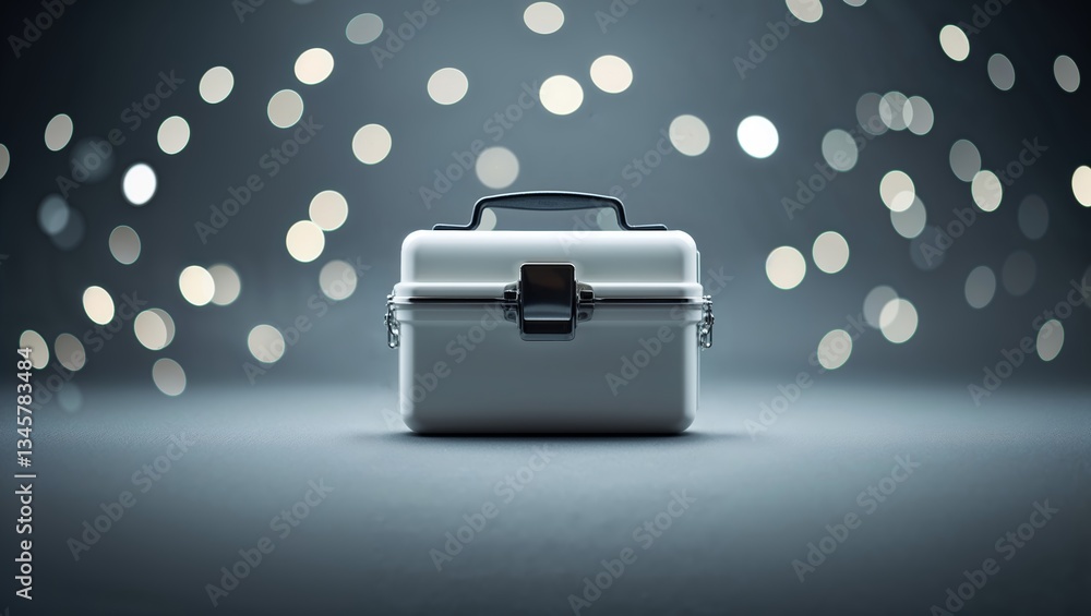 Poster white toolbox positioned on a surface with soft glowing lights in the background, creating a dreamy 
