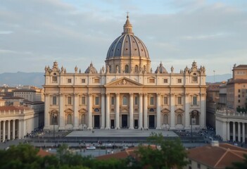 Obraz premium A panoramic view of St. Peter's Basilica and Square in Rome during sunrise, with sunlight shining through the columns and onto the square.