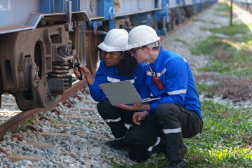 Female and male engineers work under the hot sun on an oil tanker train in an industrial plant.