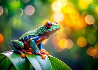 Naklejka premium Vibrant Colorful Frogs Posing on Lush Green Leaves - Stock Photo