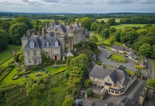 Aerial view of Bunratty Castle and Durty Nelly's pub in Ireland